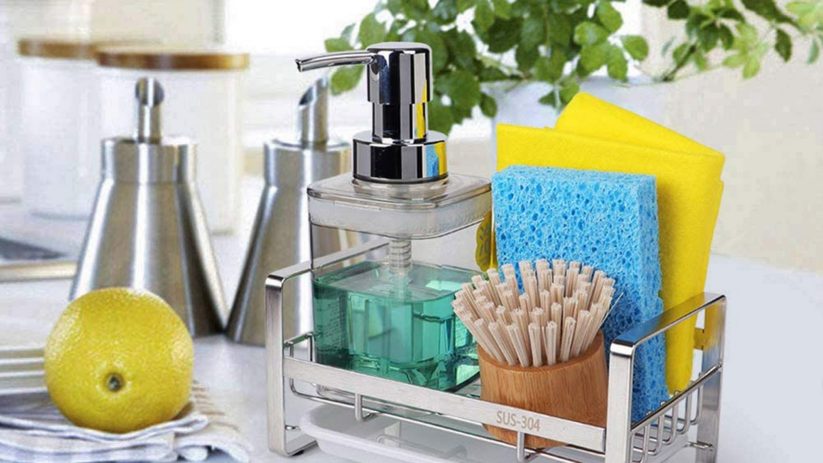 OMAIA 2-in-1 Kitchen Soap Dispenser with Sponge Holder - dishwashing Liquid  Dispenser for Kitchen - Useful Kitchen Gadgets - Sink Countertop Organizer  - Dish soap Dispenser for Kitchen Sink 